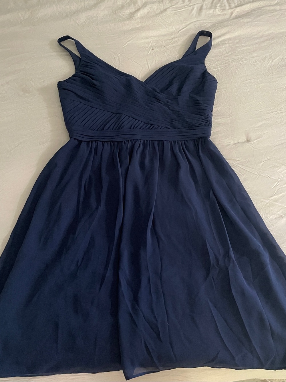 David's Bridal Navy Chiffon Midi Dress with Pleated Bodice